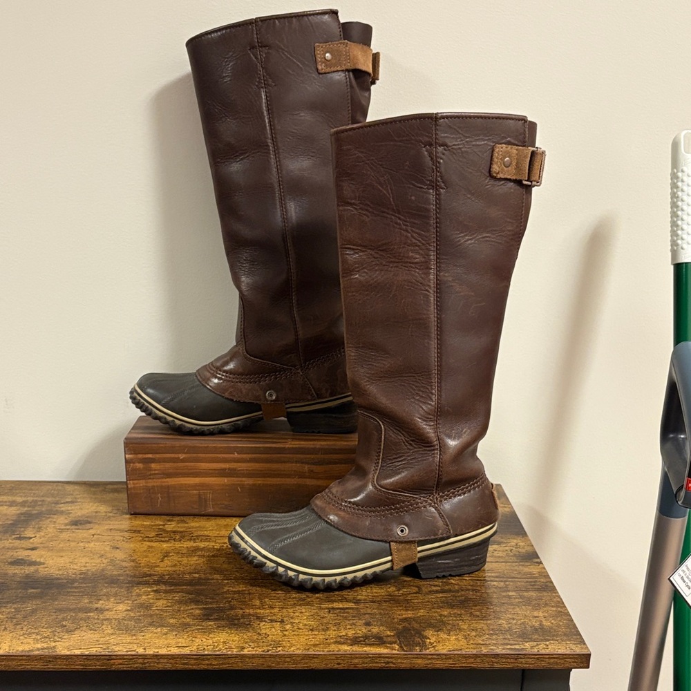 Sorel Dark Brown Leather Tall Heeled Rain Boots